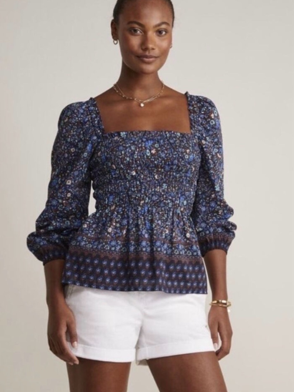 Vineyard Vines Navy Blue Floral Smocked Square-Neck Blouse